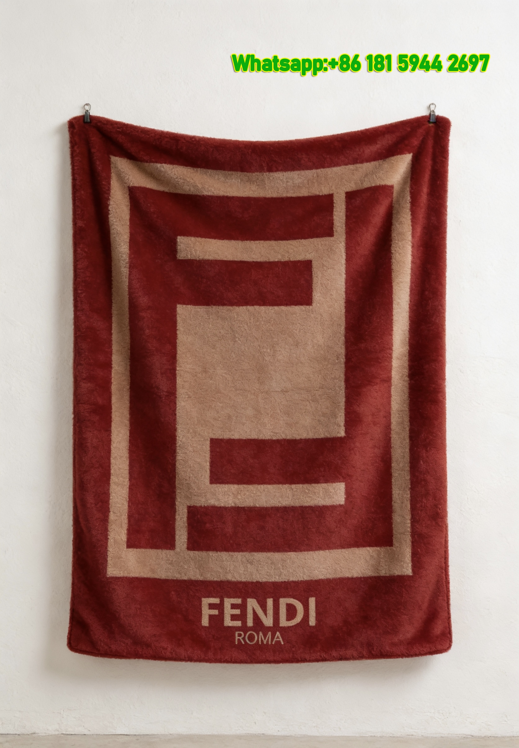 Burgundy Red & Taupe Fendi Roma Flannel Throw Blanket IMG_9314